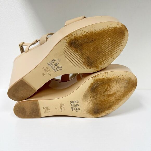 Stuart Weitzman Ave 75 Platform Wedge Strappy Nude Patent Leather Heels 10 - Picture 4 of 7